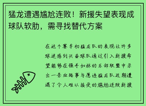 猛龙遭遇尴尬连败！新援失望表现成球队软肋，需寻找替代方案